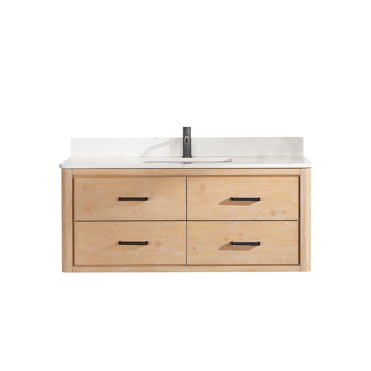 Vinnova, Cristo 48" Floating Single Bath Vanity in Fir Wood Brown with Fish Maw White Quartz Stone Top