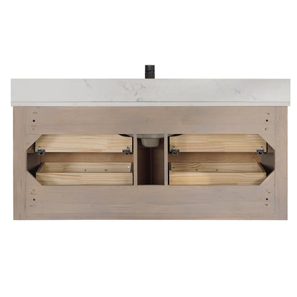 Vinnova, Cristo 48" Floating Single Bath Vanity in Fir Wood Brown with Fish Maw White Quartz Stone Top