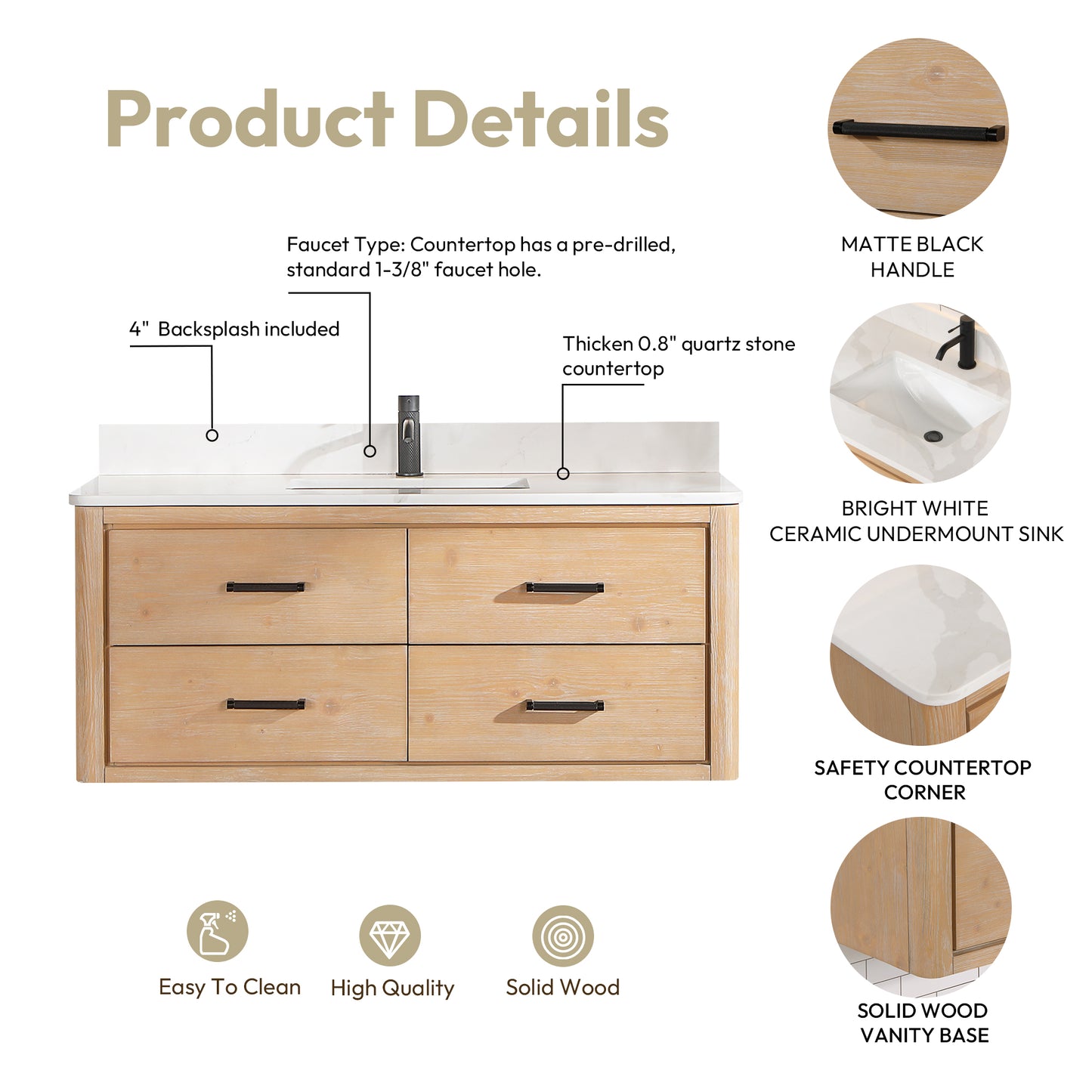 Vinnova, Cristo 48" Floating Single Bath Vanity in Fir Wood Brown with Fish Maw White Quartz Stone Top