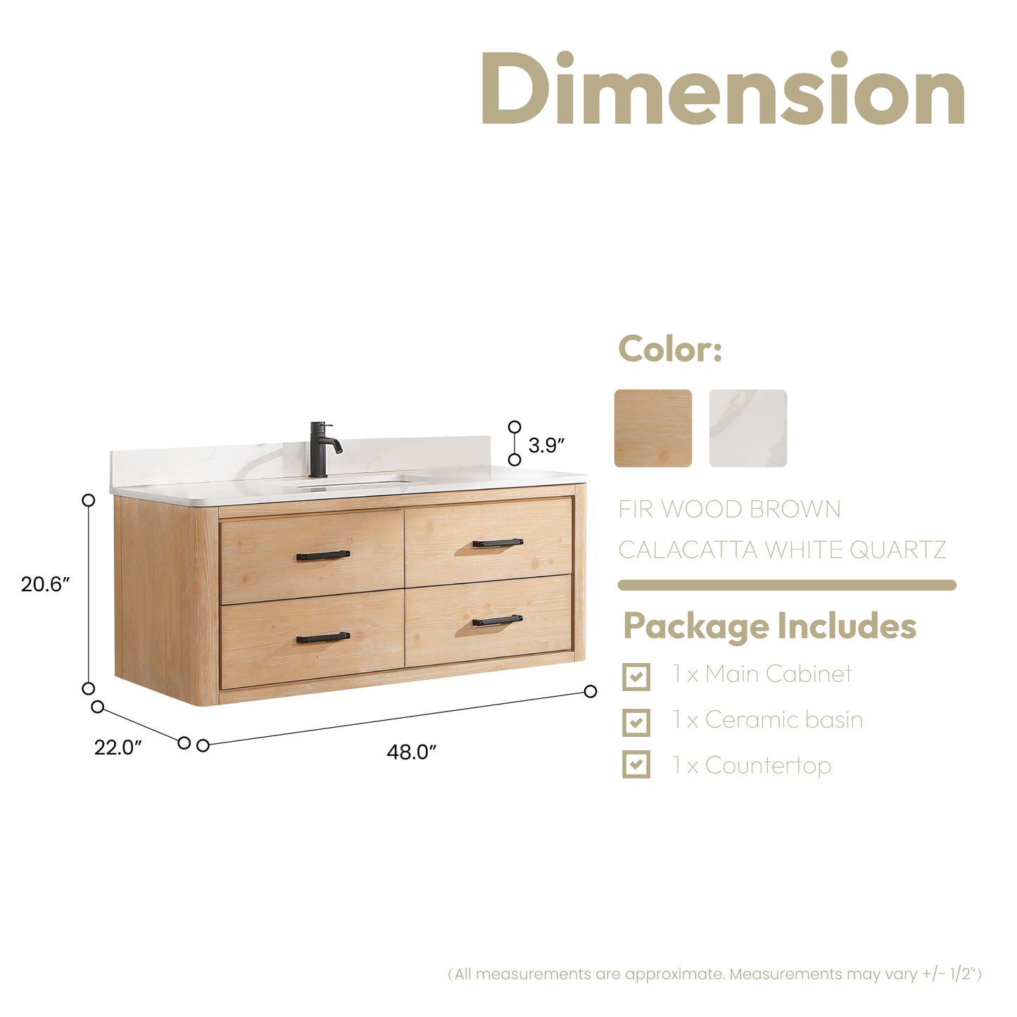 Vinnova, Cristo 48" Floating Single Bath Vanity in Fir Wood Brown with Fish Maw White Quartz Stone Top