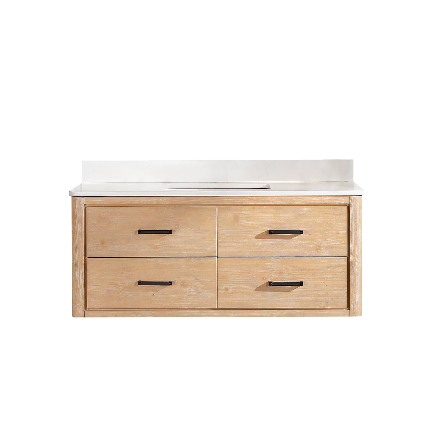 Vinnova, Cristo 48" Floating Single Bath Vanity in Fir Wood Brown with Fish Maw White Quartz Stone Top