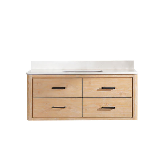 Vinnova, Cristo 48" Floating Single Bath Vanity in Fir Wood Brown with Fish Maw White Quartz Stone Top