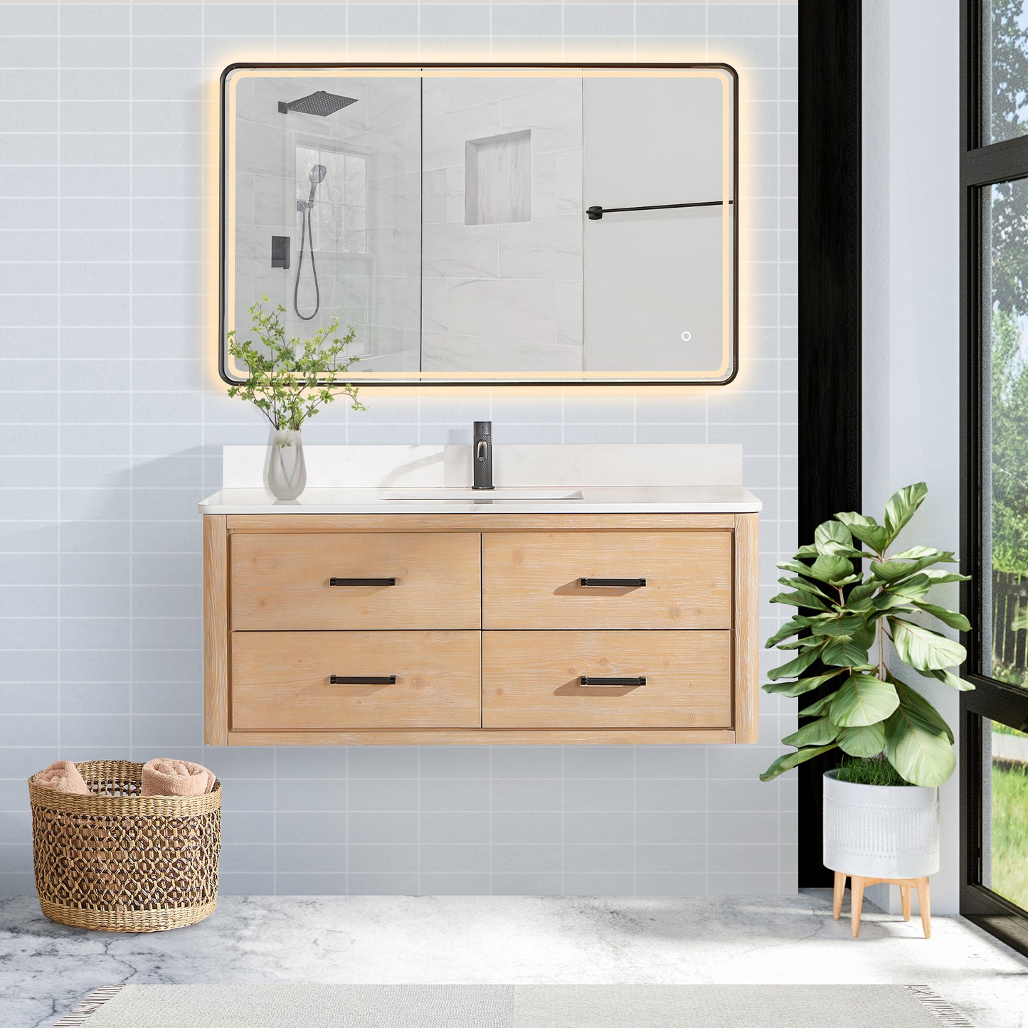 Vinnova, Cristo 48" Floating Single Bath Vanity in Fir Wood Brown with Fish Maw White Quartz Stone Top
