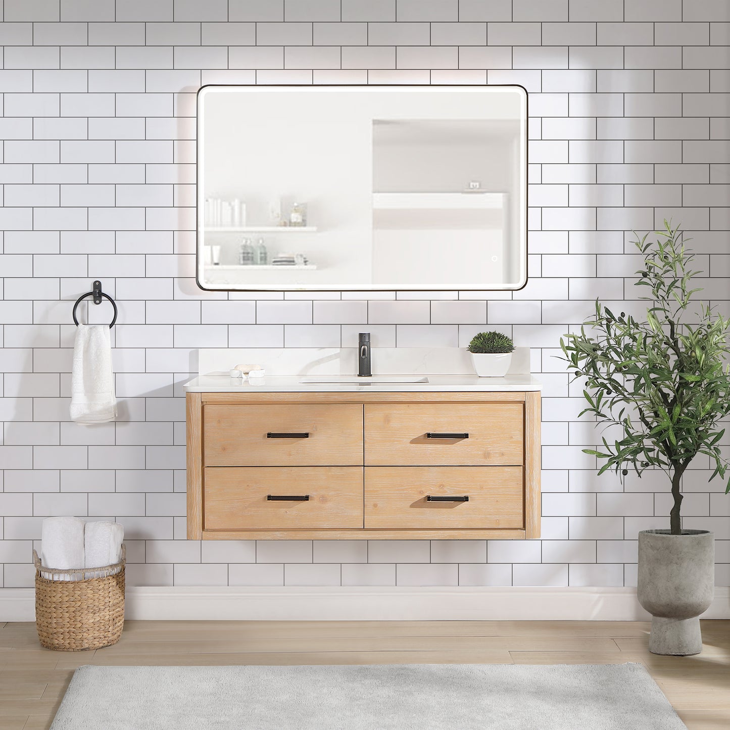 Vinnova, Cristo 48" Floating Single Bath Vanity in Fir Wood Brown with Fish Maw White Quartz Stone Top