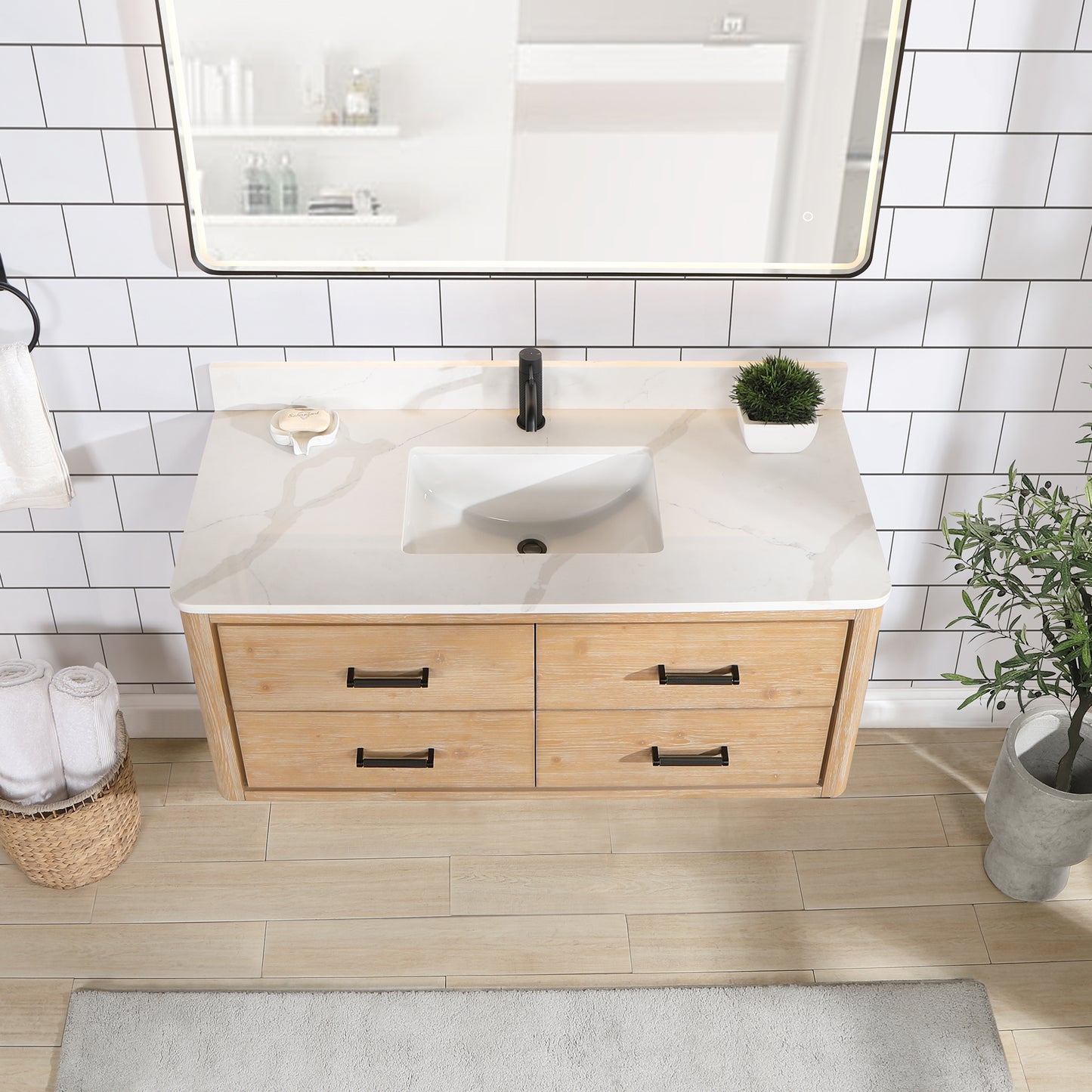 Vinnova, Cristo 48" Floating Single Bath Vanity in Fir Wood Brown with Fish Maw White Quartz Stone Top