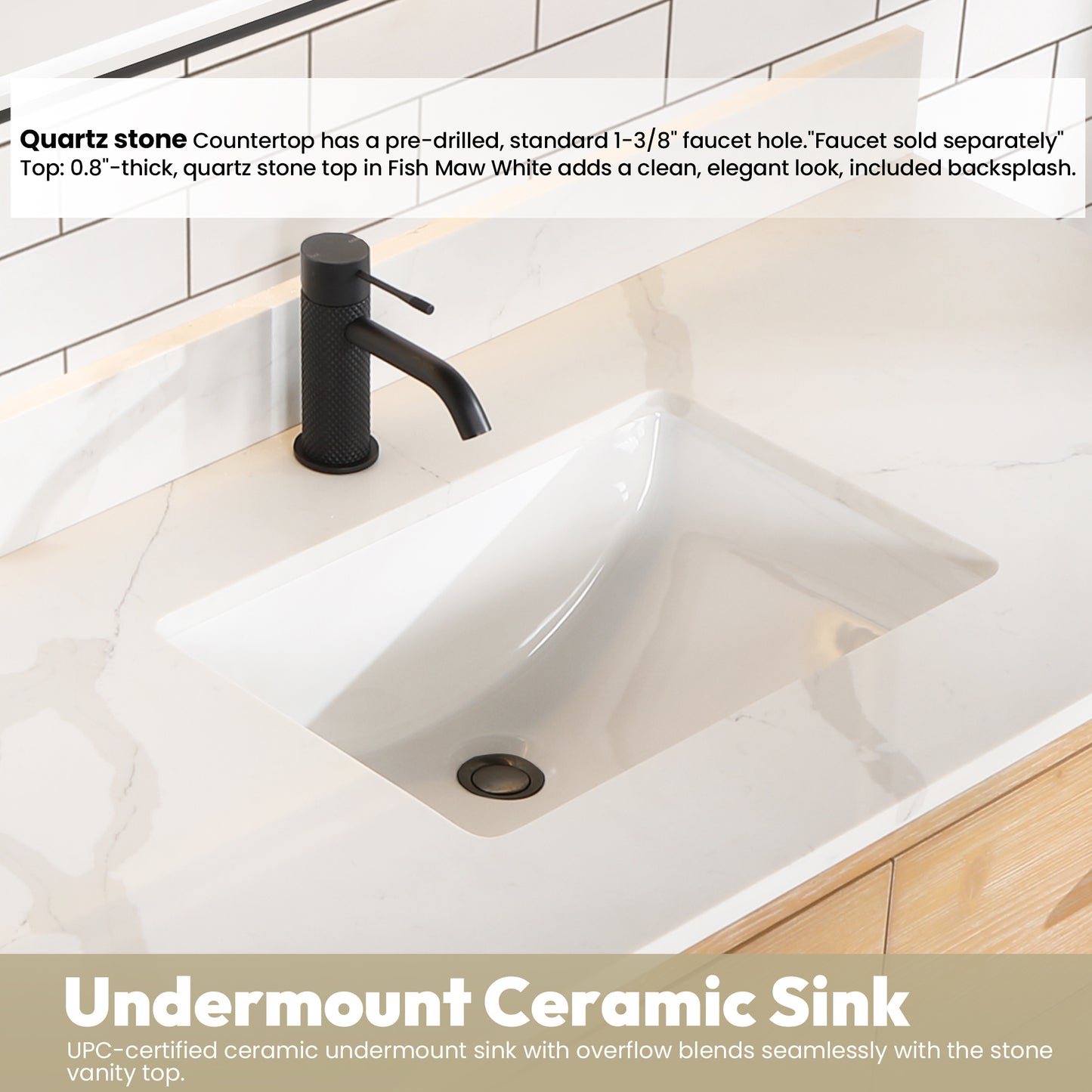 Vinnova, Cristo 48" Floating Single Bath Vanity in Fir Wood Brown with Fish Maw White Quartz Stone Top