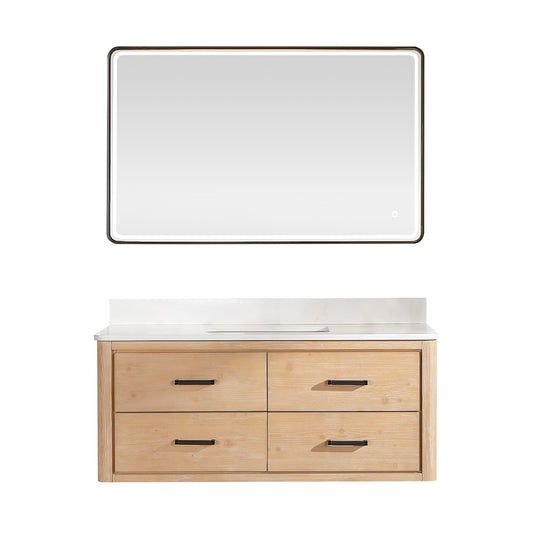 Vinnova, Cristo 48" Floating Single Bath Vanity in Fir Wood Brown with Fish Maw White Quartz Stone Top and Mirror