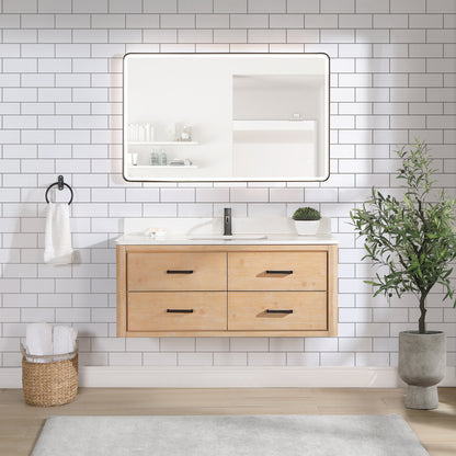 Vinnova, Cristo 48" Floating Single Bath Vanity in Fir Wood Brown with Fish Maw White Quartz Stone Top and Mirror