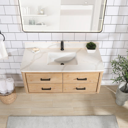 Vinnova, Cristo 48" Floating Single Bath Vanity in Fir Wood Brown with Fish Maw White Quartz Stone Top and Mirror