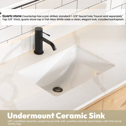 Vinnova, Cristo 48" Floating Single Bath Vanity in Fir Wood Brown with Fish Maw White Quartz Stone Top and Mirror