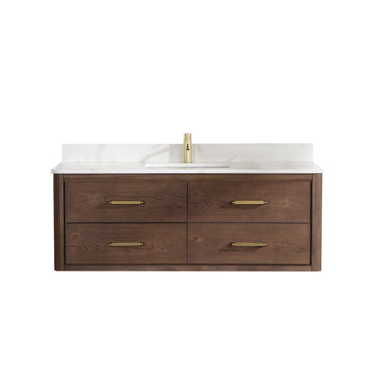Vinnova, Cristo 55" Floating Single Bath Vanity in Aged Dark Brown Oak with Fish Maw White Quartz Stone Top