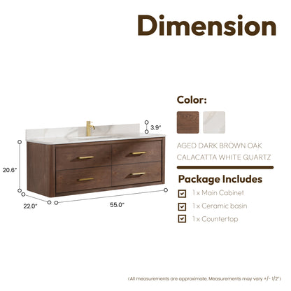Vinnova, Cristo 55" Floating Single Bath Vanity in Aged Dark Brown Oak with Fish Maw White Quartz Stone Top
