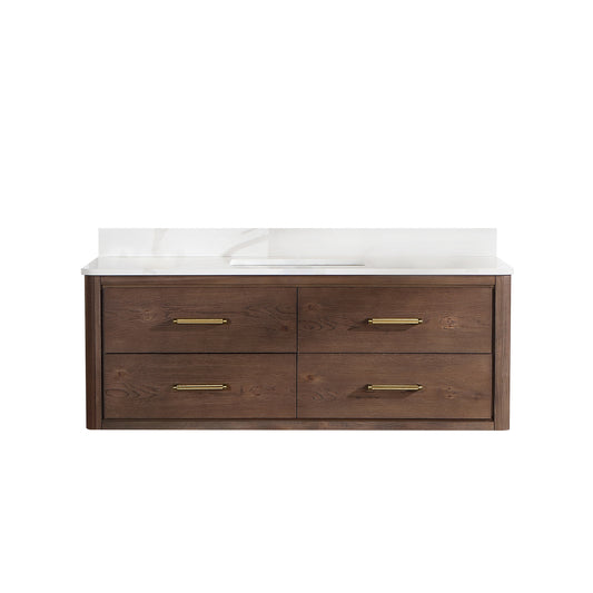 Vinnova, Cristo 55" Floating Single Bath Vanity in Aged Dark Brown Oak with Fish Maw White Quartz Stone Top