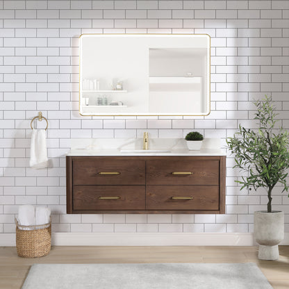 Vinnova, Cristo 55" Floating Single Bath Vanity in Aged Dark Brown Oak with Fish Maw White Quartz Stone Top
