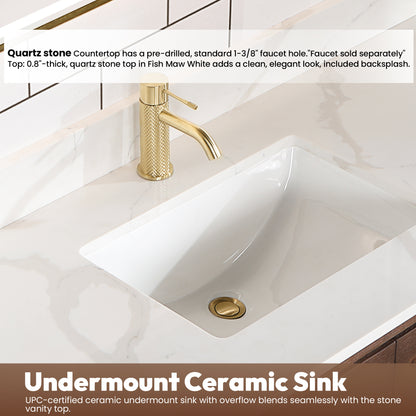 Vinnova, Cristo 55" Floating Single Bath Vanity in Aged Dark Brown Oak with Fish Maw White Quartz Stone Top