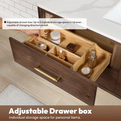 Vinnova, Cristo 55" Floating Single Bath Vanity in Aged Dark Brown Oak with Fish Maw White Quartz Stone Top