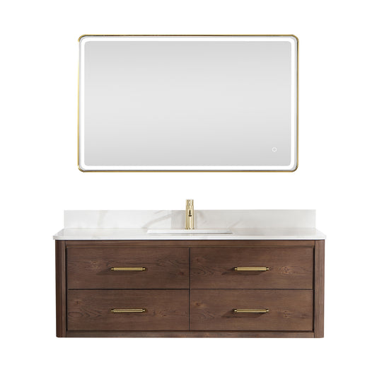 Vinnova, Cristo 55" Floating Single Bath Vanity in Aged Dark Brown Oak with Fish Maw White Quartz Stone Top and Mirror