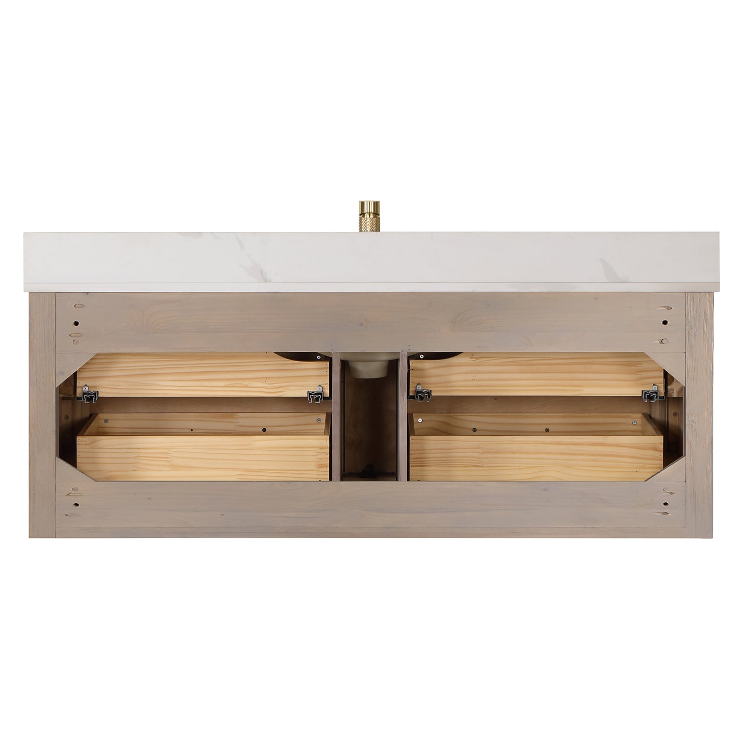 Vinnova, Cristo 55" Floating Single Bath Vanity in Aged Dark Brown Oak with Fish Maw White Quartz Stone Top and Mirror