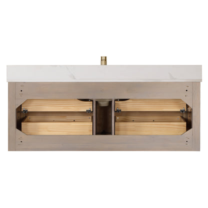 Vinnova, Cristo 55" Floating Single Bath Vanity in Aged Dark Brown Oak with Fish Maw White Quartz Stone Top and Mirror