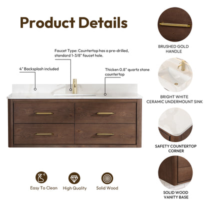 Vinnova, Cristo 55" Floating Single Bath Vanity in Aged Dark Brown Oak with Fish Maw White Quartz Stone Top and Mirror