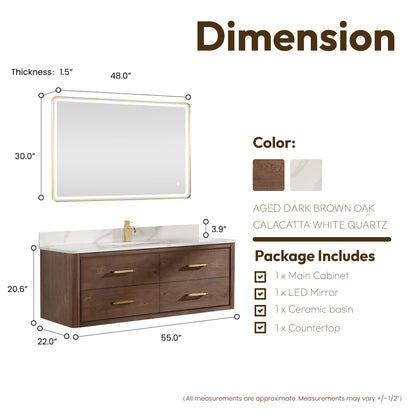 Vinnova, Cristo 55" Floating Single Bath Vanity in Aged Dark Brown Oak with Fish Maw White Quartz Stone Top and Mirror