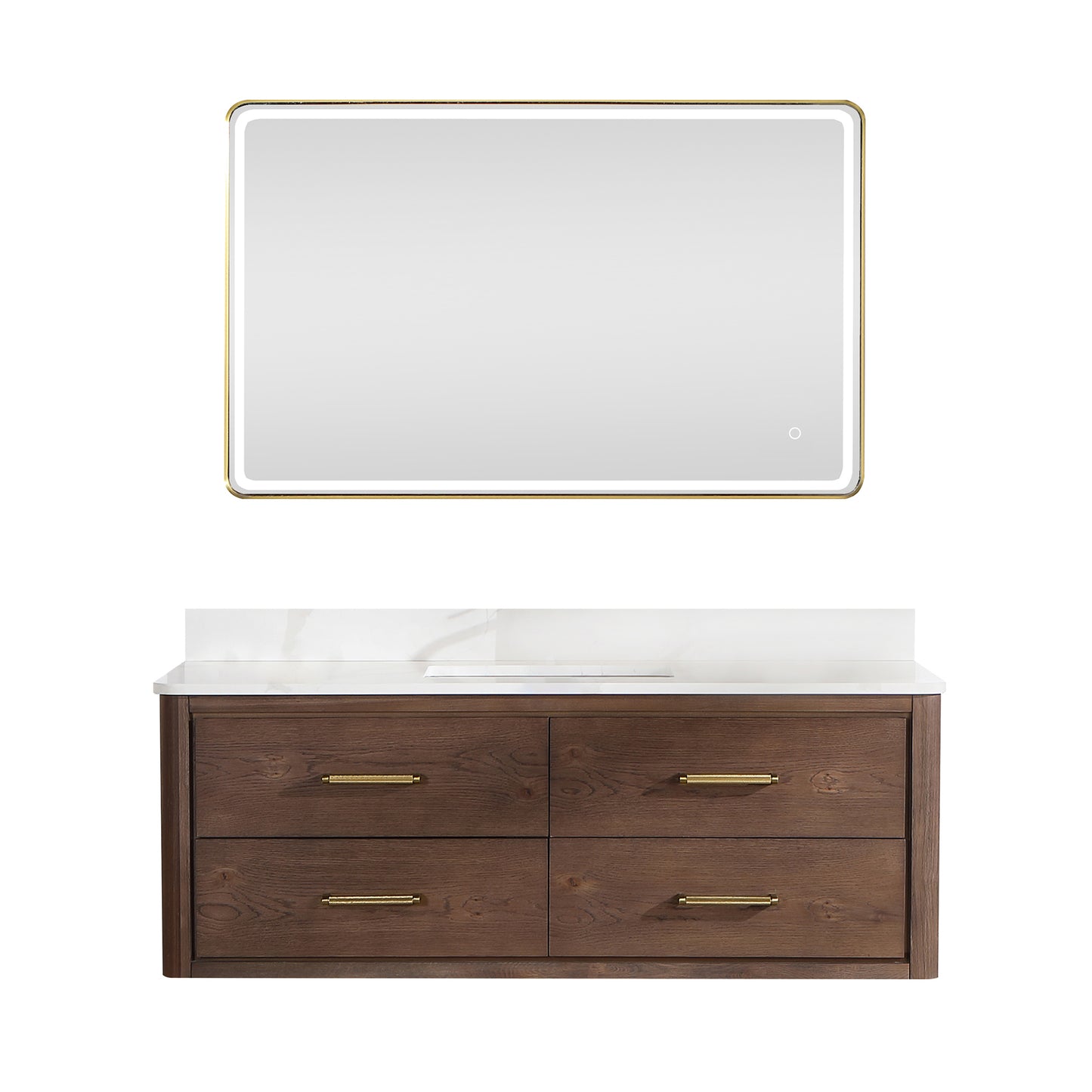 Vinnova, Cristo 55" Floating Single Bath Vanity in Aged Dark Brown Oak with Fish Maw White Quartz Stone Top and Mirror