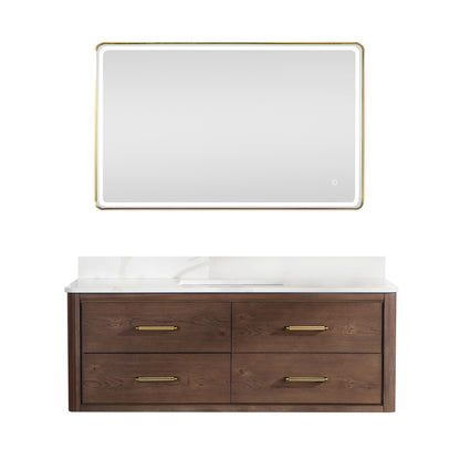 Vinnova, Cristo 55" Floating Single Bath Vanity in Aged Dark Brown Oak with Fish Maw White Quartz Stone Top and Mirror