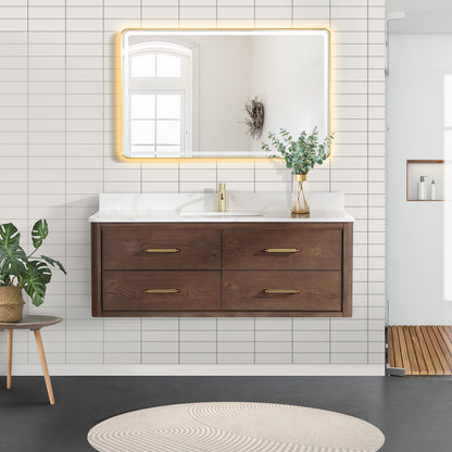 Vinnova, Cristo 55" Floating Single Bath Vanity in Aged Dark Brown Oak with Fish Maw White Quartz Stone Top and Mirror