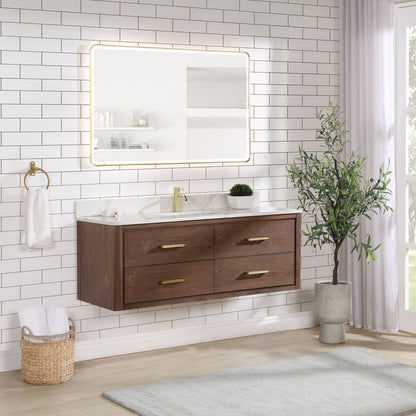 Vinnova, Cristo 55" Floating Single Bath Vanity in Aged Dark Brown Oak with Fish Maw White Quartz Stone Top and Mirror