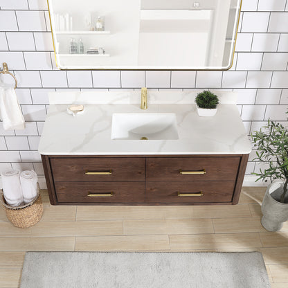 Vinnova, Cristo 55" Floating Single Bath Vanity in Aged Dark Brown Oak with Fish Maw White Quartz Stone Top and Mirror