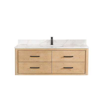 Vinnova, Cristo 55" Floating Single Bath Vanity in Fir Wood Brown with Fish Maw White Quartz Stone Top