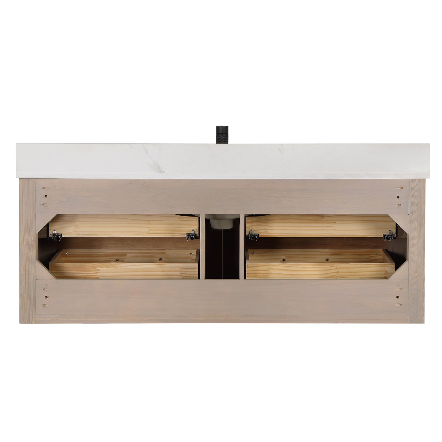 Vinnova, Cristo 55" Floating Single Bath Vanity in Fir Wood Brown with Fish Maw White Quartz Stone Top