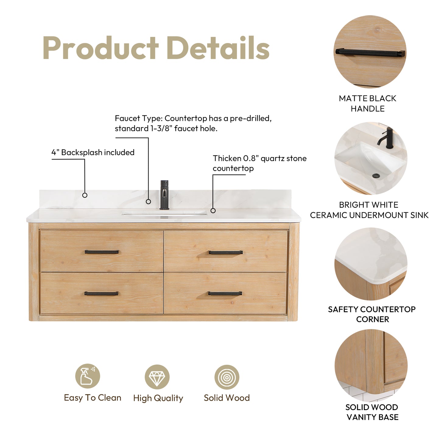 Vinnova, Cristo 55" Floating Single Bath Vanity in Fir Wood Brown with Fish Maw White Quartz Stone Top