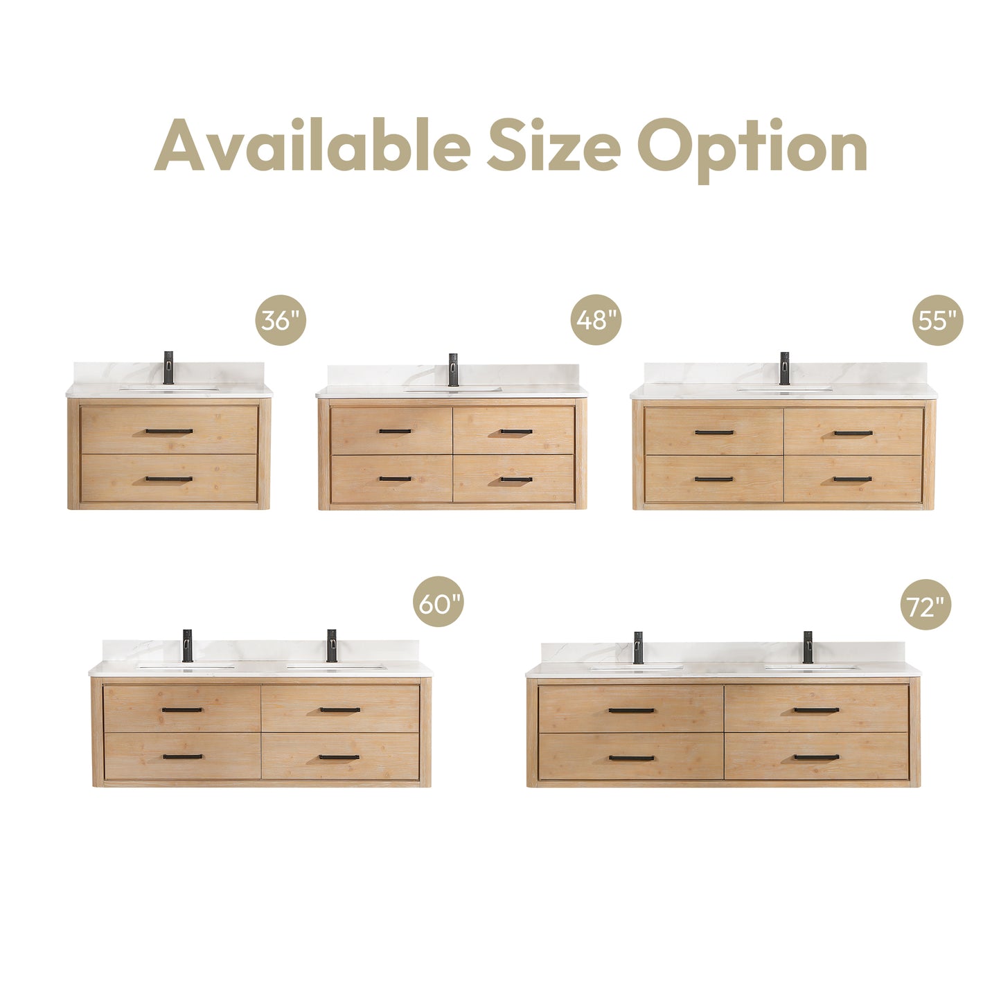Vinnova, Cristo 55" Floating Single Bath Vanity in Fir Wood Brown with Fish Maw White Quartz Stone Top