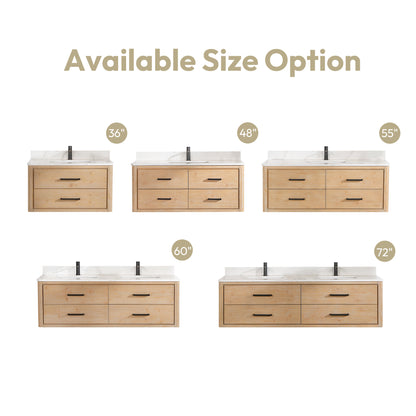 Vinnova, Cristo 55" Floating Single Bath Vanity in Fir Wood Brown with Fish Maw White Quartz Stone Top