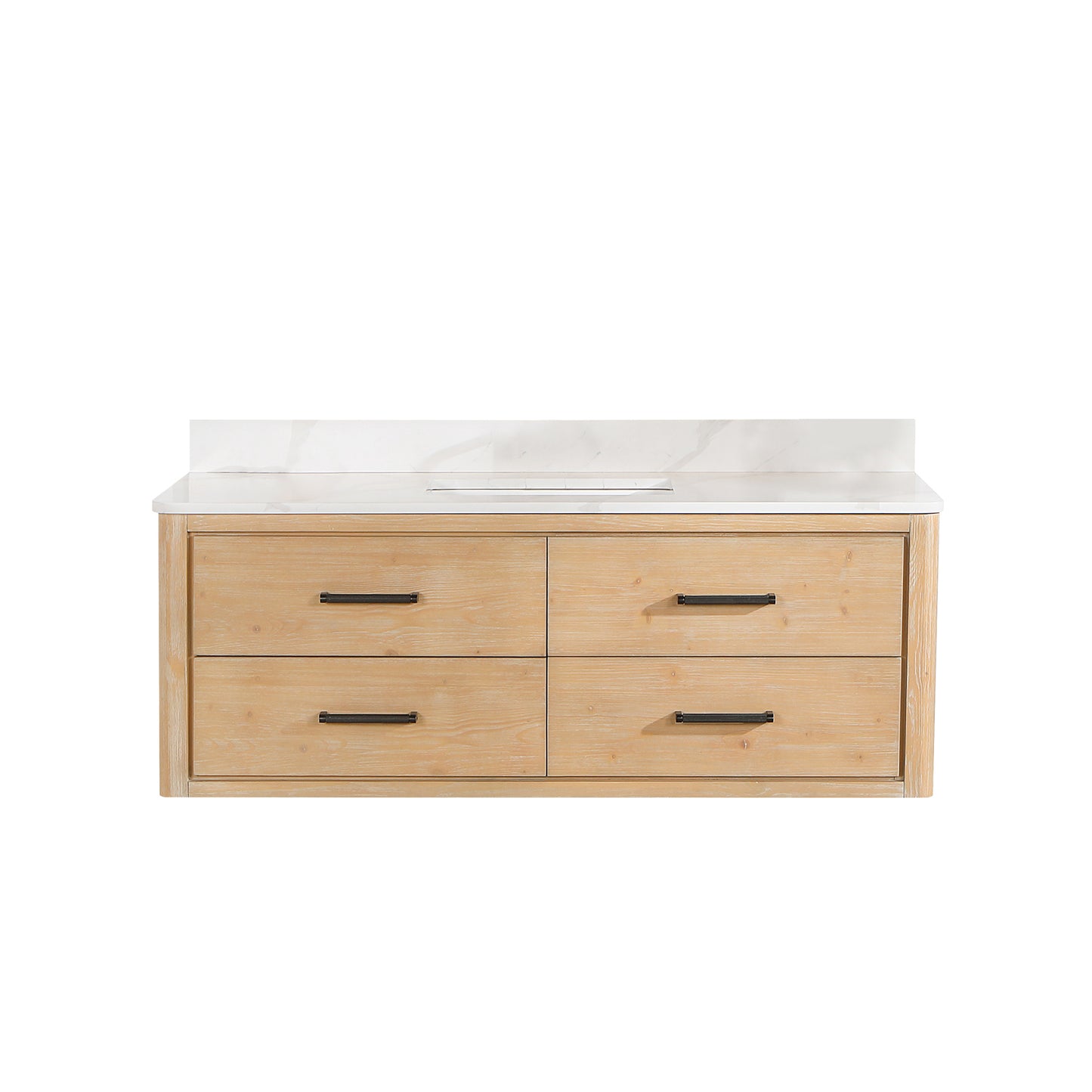 Vinnova, Cristo 55" Floating Single Bath Vanity in Fir Wood Brown with Fish Maw White Quartz Stone Top
