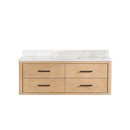 Vinnova, Cristo 55" Floating Single Bath Vanity in Fir Wood Brown with Fish Maw White Quartz Stone Top