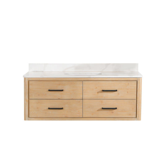 Vinnova, Cristo 55" Floating Single Bath Vanity in Fir Wood Brown with Fish Maw White Quartz Stone Top