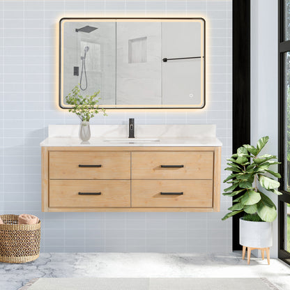 Vinnova, Cristo 55" Floating Single Bath Vanity in Fir Wood Brown with Fish Maw White Quartz Stone Top