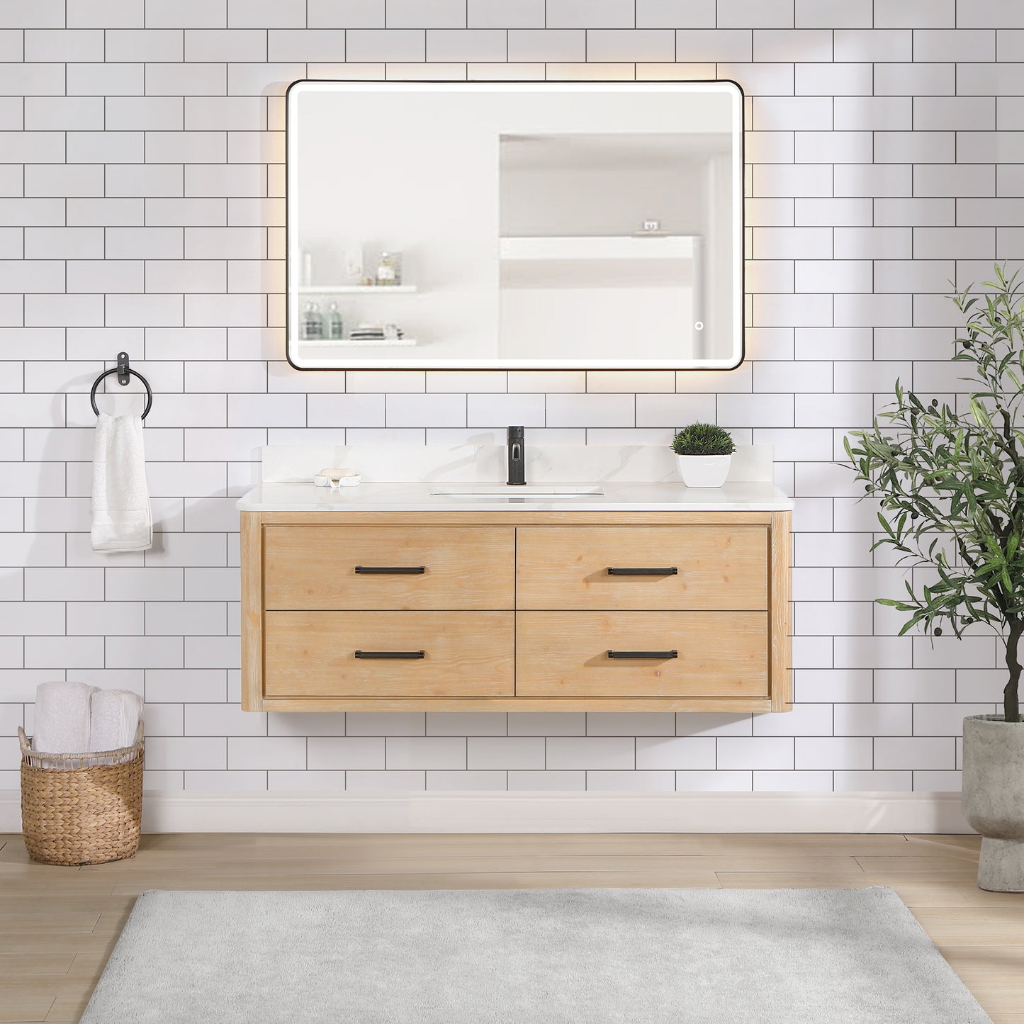 Vinnova, Cristo 55" Floating Single Bath Vanity in Fir Wood Brown with Fish Maw White Quartz Stone Top