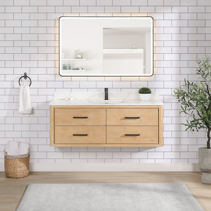 Vinnova, Cristo 55" Floating Single Bath Vanity in Fir Wood Brown with Fish Maw White Quartz Stone Top