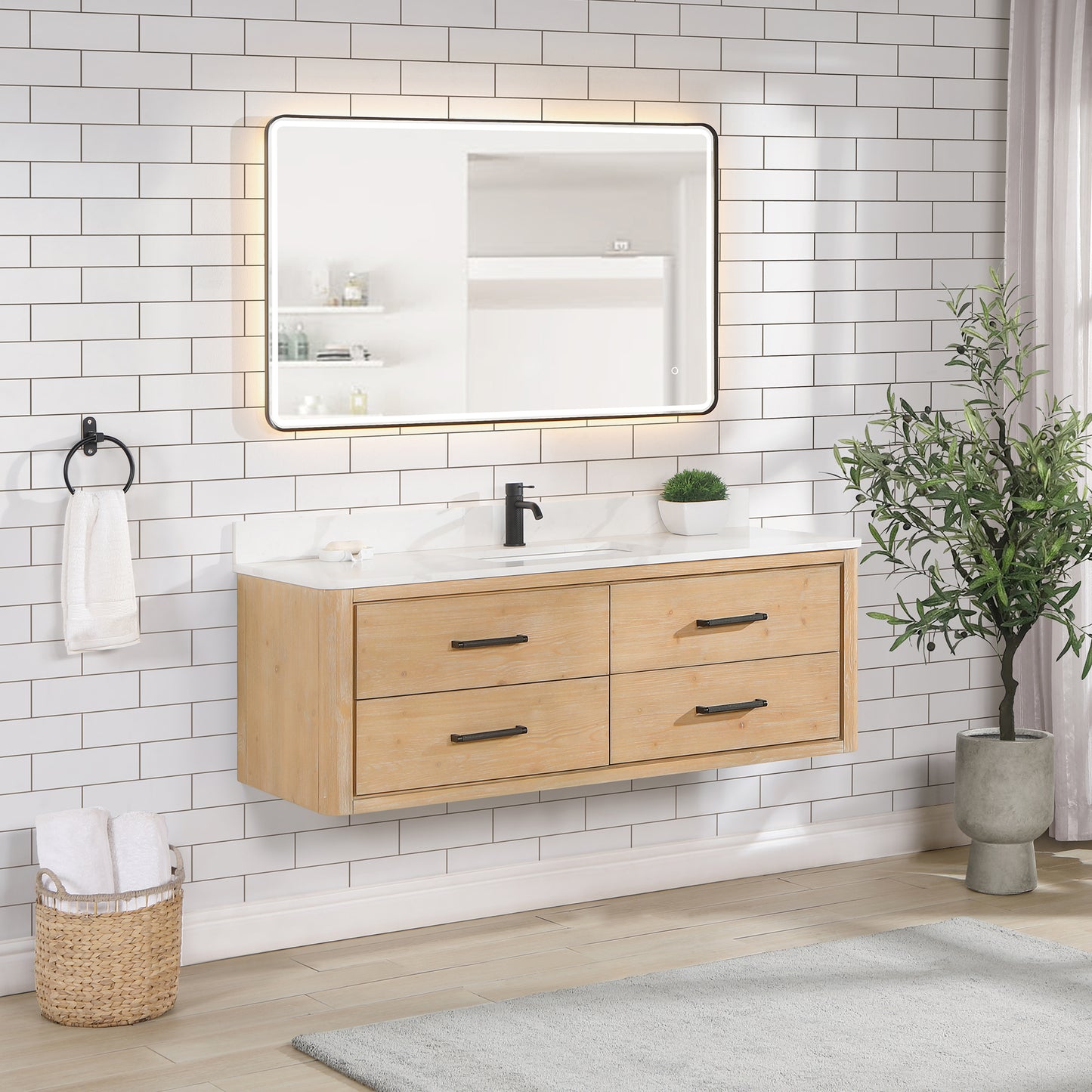 Vinnova, Cristo 55" Floating Single Bath Vanity in Fir Wood Brown with Fish Maw White Quartz Stone Top