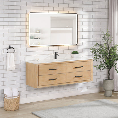 Vinnova, Cristo 55" Floating Single Bath Vanity in Fir Wood Brown with Fish Maw White Quartz Stone Top