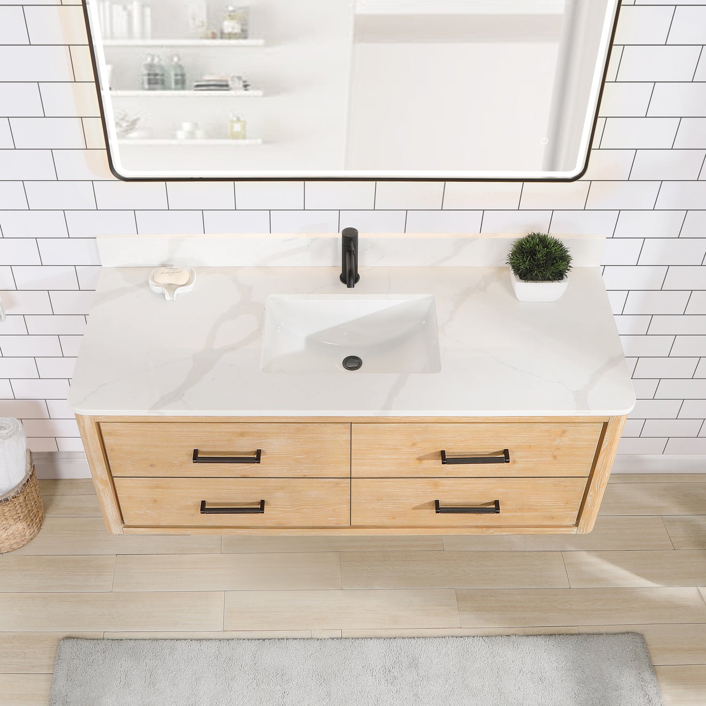 Vinnova, Cristo 55" Floating Single Bath Vanity in Fir Wood Brown with Fish Maw White Quartz Stone Top
