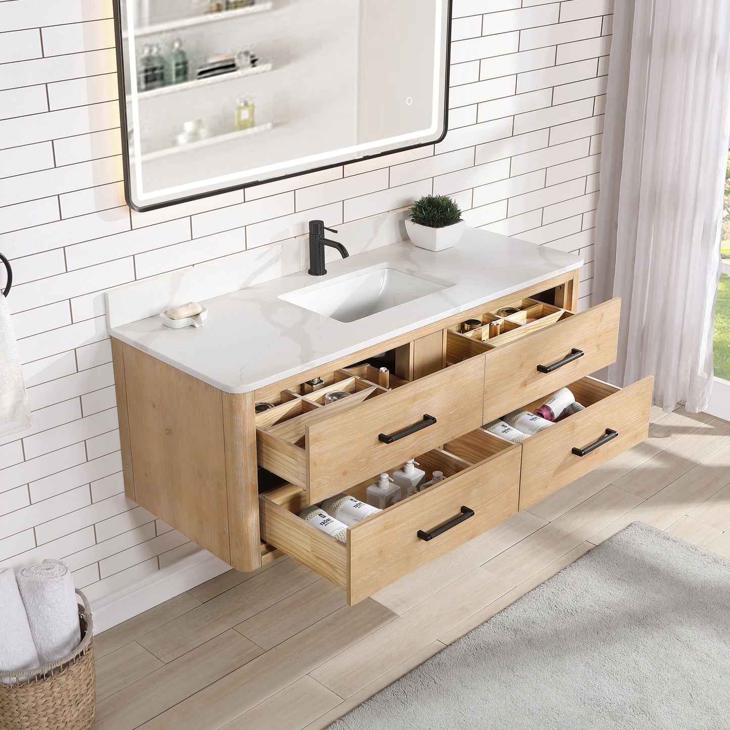 Vinnova, Cristo 55" Floating Single Bath Vanity in Fir Wood Brown with Fish Maw White Quartz Stone Top