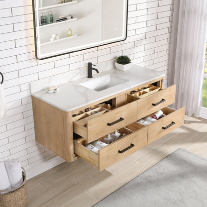 Vinnova, Cristo 55" Floating Single Bath Vanity in Fir Wood Brown with Fish Maw White Quartz Stone Top