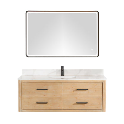 Vinnova, Cristo 55" Floating Single Bath Vanity in Fir Wood Brown with Fish Maw White Quartz Stone Top and Mirror