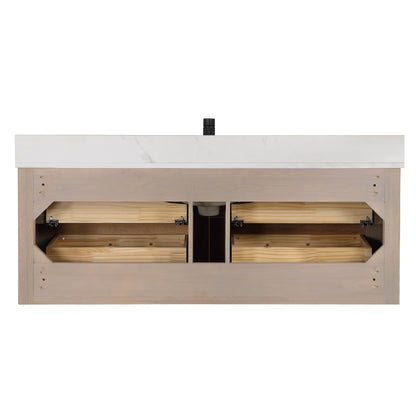Vinnova, Cristo 55" Floating Single Bath Vanity in Fir Wood Brown with Fish Maw White Quartz Stone Top and Mirror