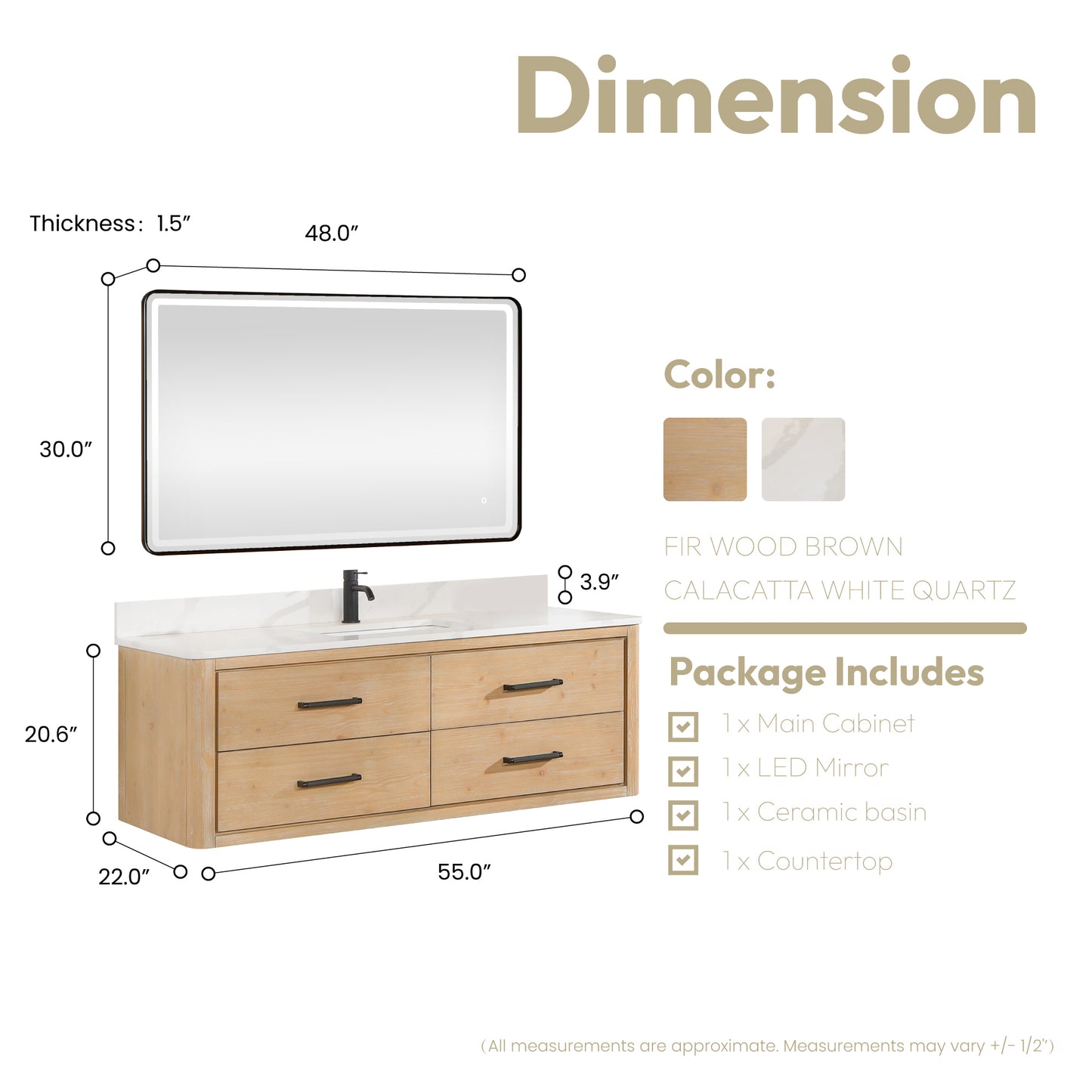Vinnova, Cristo 55" Floating Single Bath Vanity in Fir Wood Brown with Fish Maw White Quartz Stone Top and Mirror