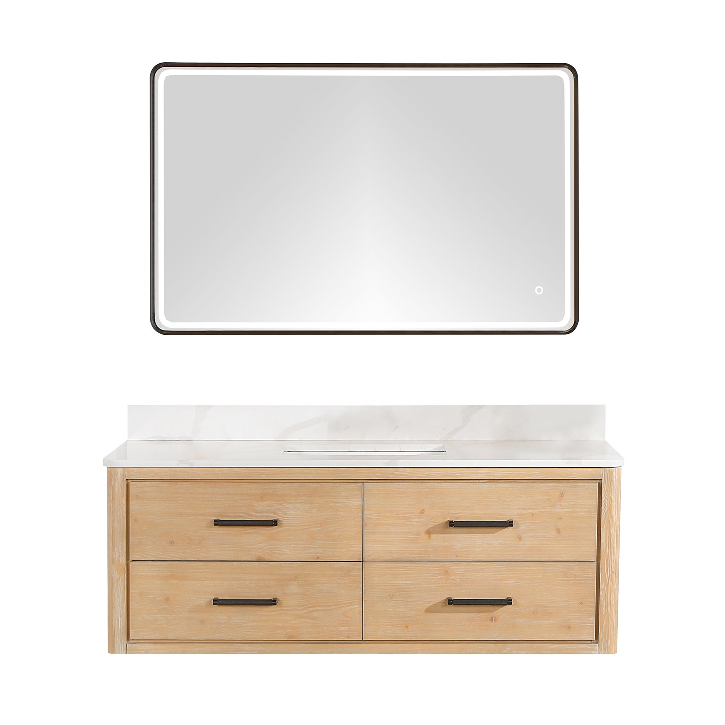Vinnova, Cristo 55" Floating Single Bath Vanity in Fir Wood Brown with Fish Maw White Quartz Stone Top and Mirror